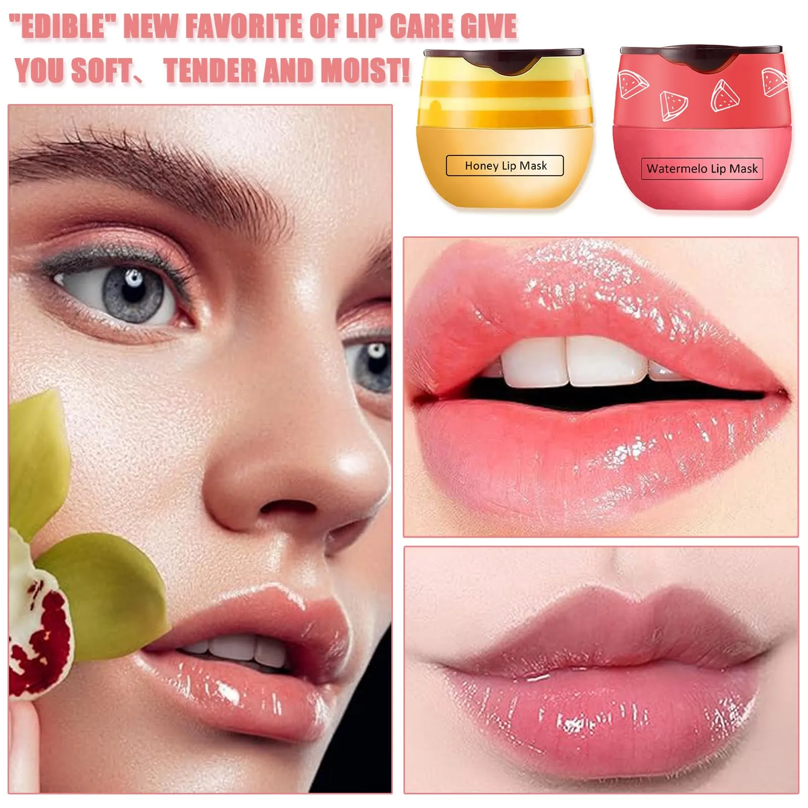 2 PCS Bee Lip Balm Honey Pot,Watermelon&Strawberry Lip Sleeping Mask Hydrating Prevention Dry and Cracked Lip Scrubs Exfoliator Lip Care,Lip Mask Overnight Reduces Lip Lines
