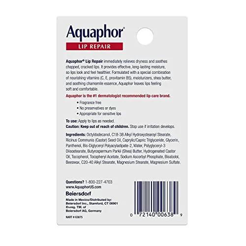Aquaphor Lip Repair Ointment - Long-lasting Moisture to Soothe Dry Chapped Lips - .35 fl. oz. Tube (Pack of 2)