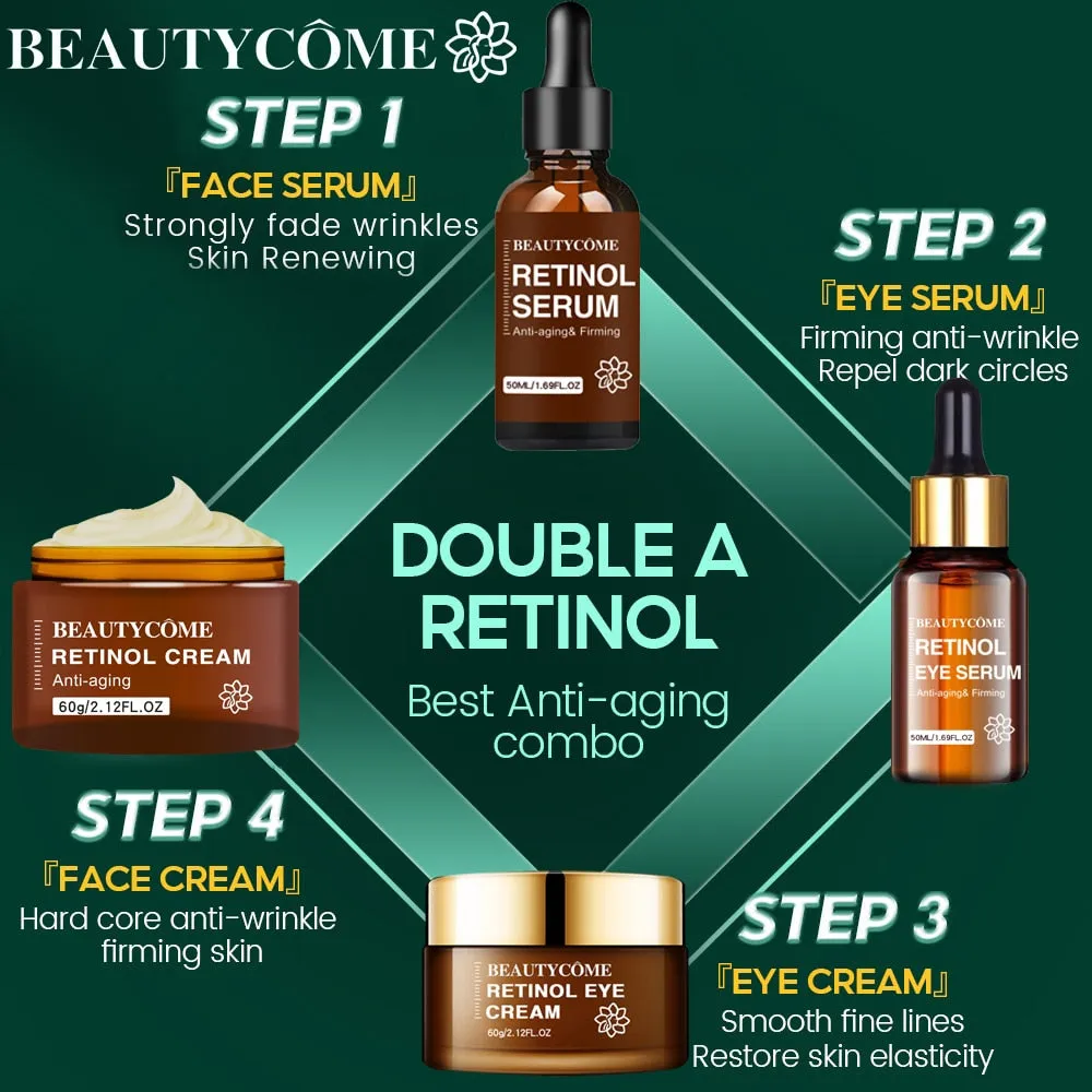 BEAUTYCOME Retinol Face Eye Cream Serum 4PCS/Set Firming Lifting Anti-Aging Reduce Wrinkle Fine Lines Facial Skin Care Suit