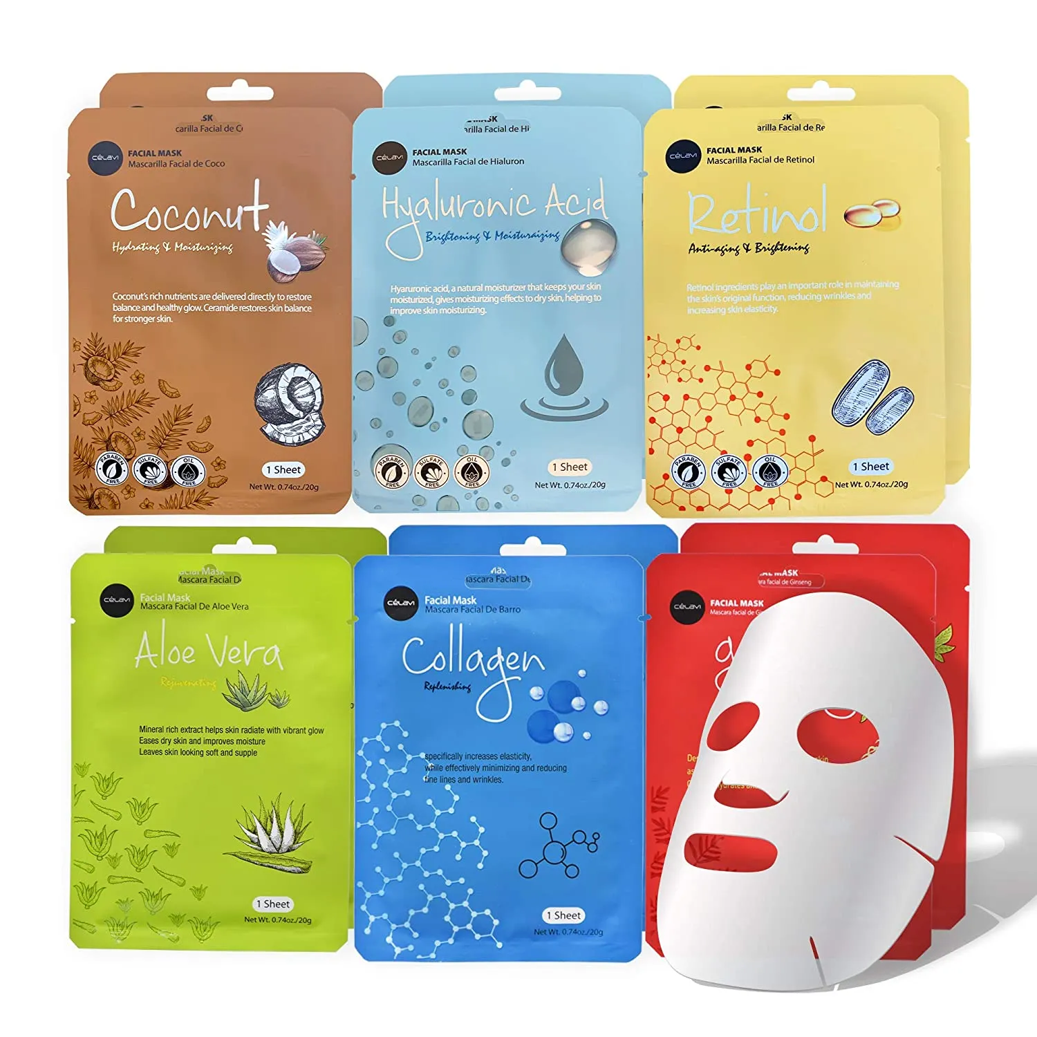celavi Essence Facial Face Mask Paper Sheet Korea Skin Care Moisturizing 12 Pack (Mix - 2 of Each)