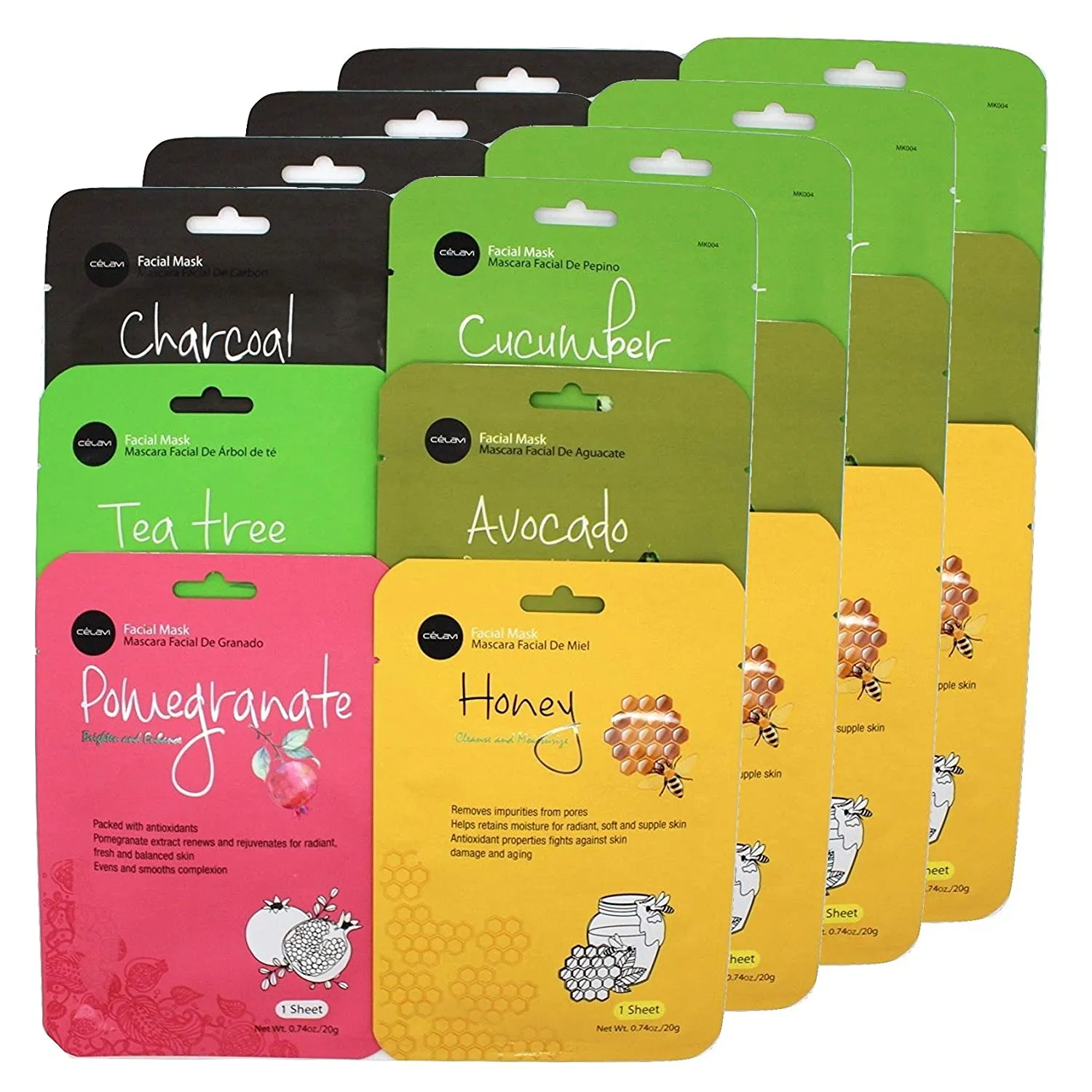 celavi Essence Facial Face Mask Paper Sheet Korea Skin Care Moisturizing 12 Pack (Mix - 2 of Each)