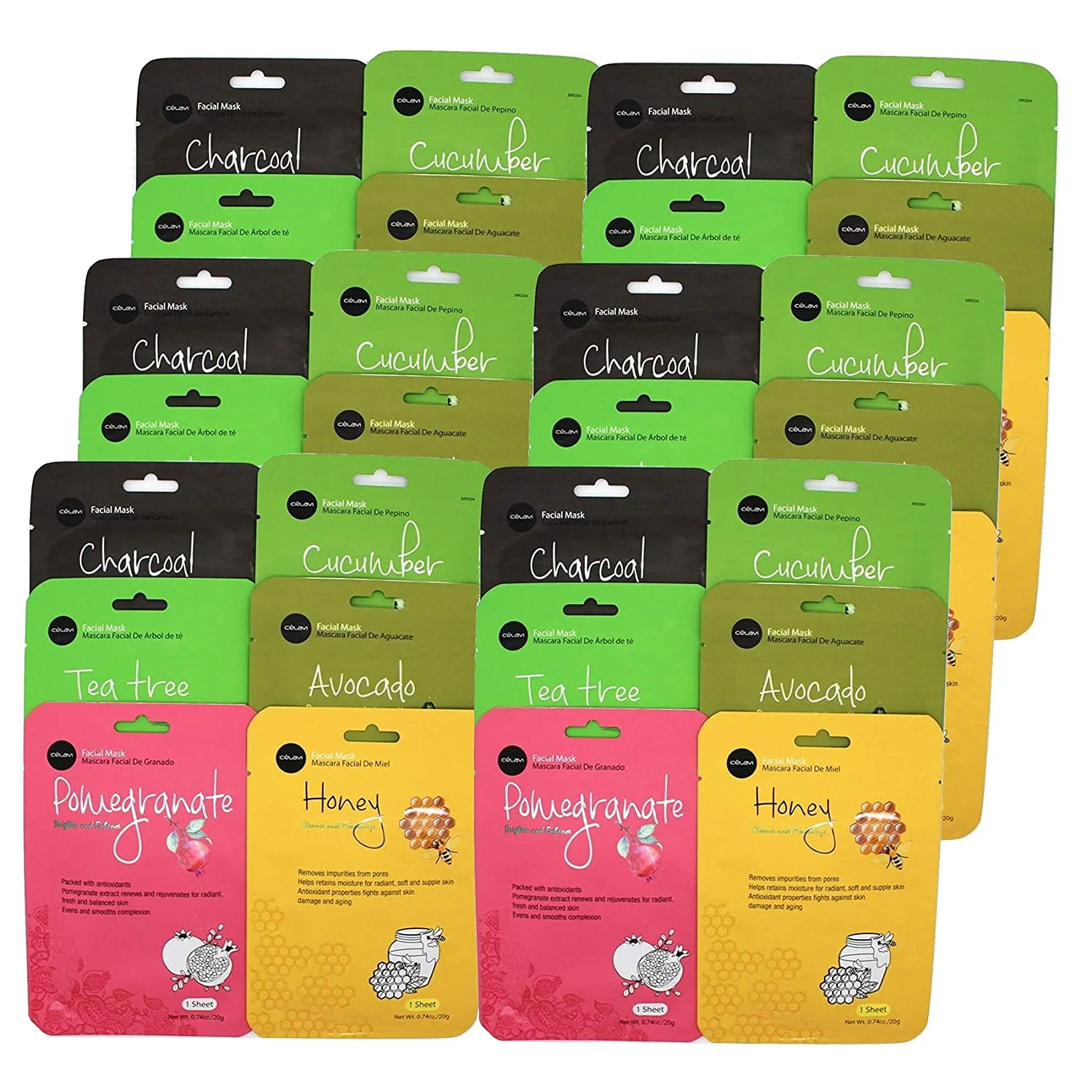 celavi Essence Facial Face Mask Paper Sheet Korea Skin Care Moisturizing 12 Pack (Mix - 2 of Each)