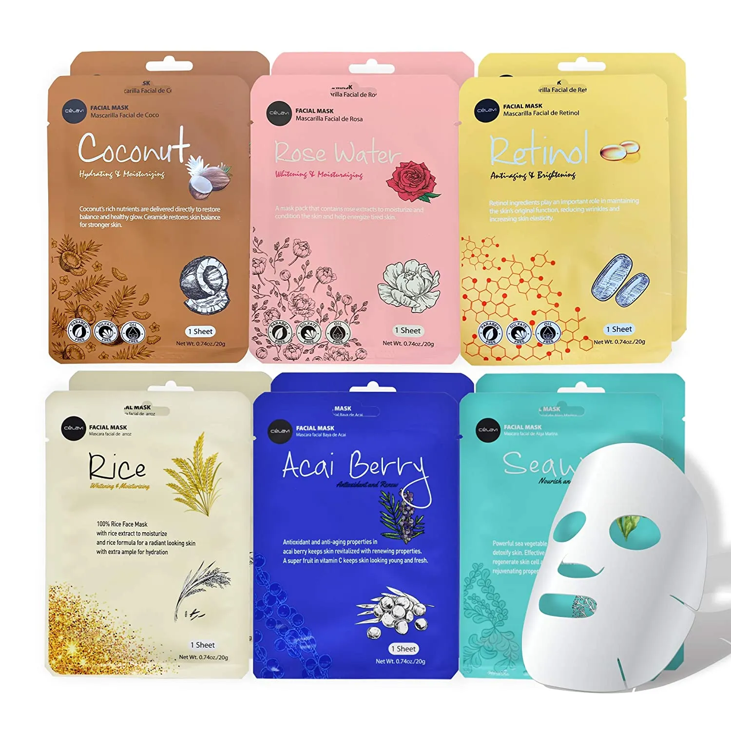 celavi Essence Facial Face Mask Paper Sheet Korea Skin Care Moisturizing 12 Pack (Mix - 2 of Each)