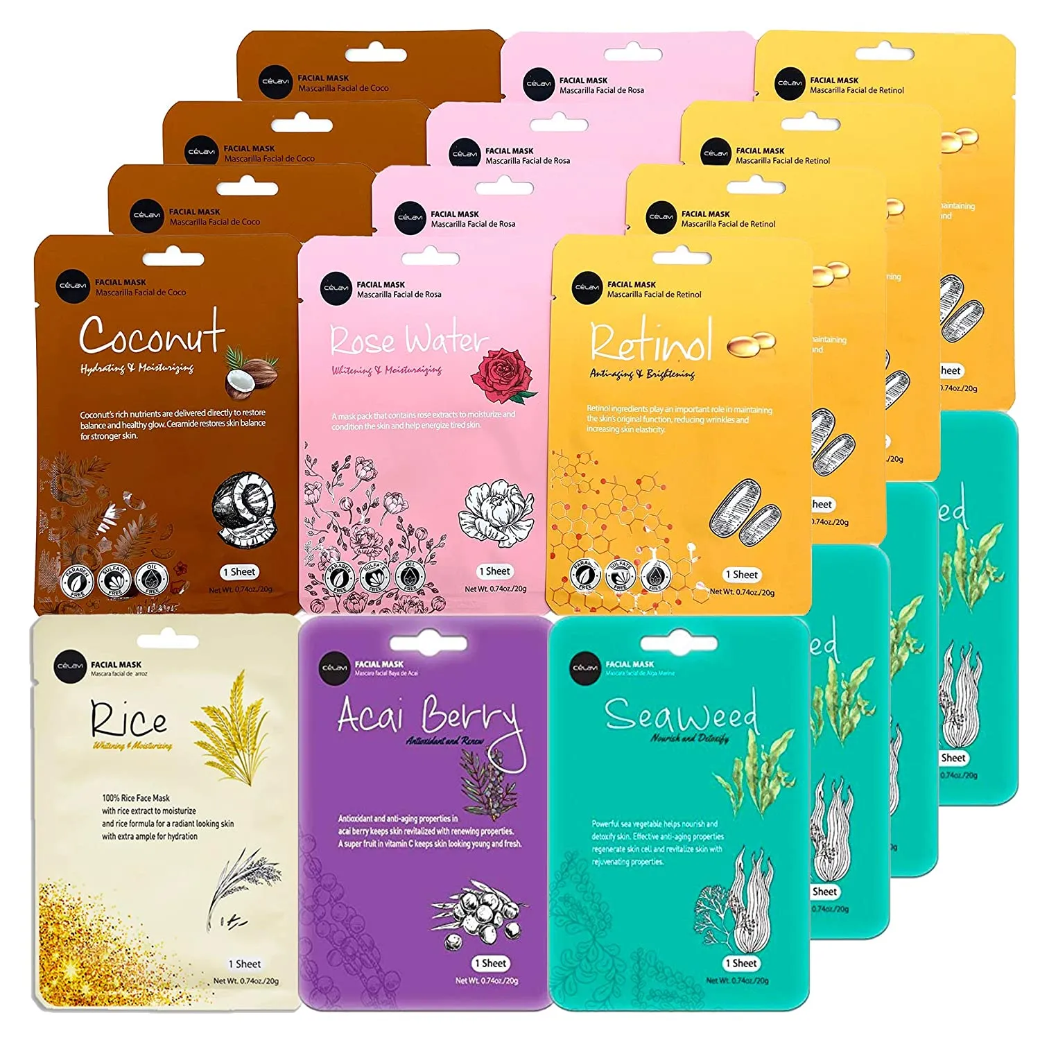 celavi Essence Facial Face Mask Paper Sheet Korea Skin Care Moisturizing 12 Pack (Mix - 2 of Each)