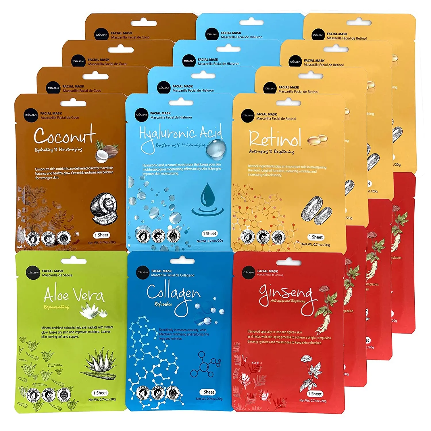 celavi Essence Facial Face Mask Paper Sheet Korea Skin Care Moisturizing 12 Pack (Mix - 2 of Each)
