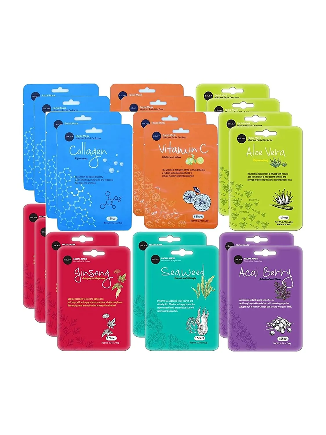 celavi Essence Facial Face Mask Paper Sheet Korea Skin Care Moisturizing 12 Pack (Mix - 2 of Each)