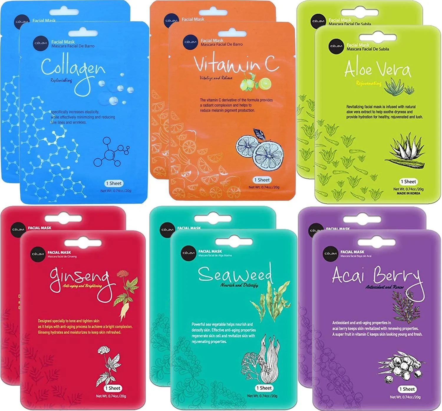 celavi Essence Facial Face Mask Paper Sheet Korea Skin Care Moisturizing 12 Pack (Mix - 2 of Each)