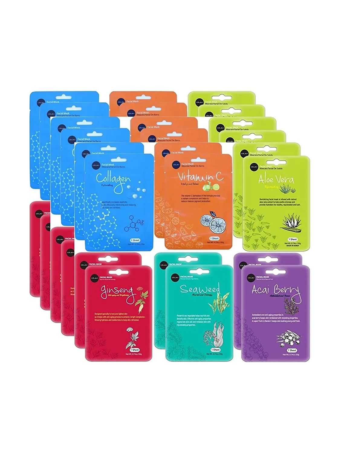 celavi Essence Facial Face Mask Paper Sheet Korea Skin Care Moisturizing 12 Pack (Mix - 2 of Each)