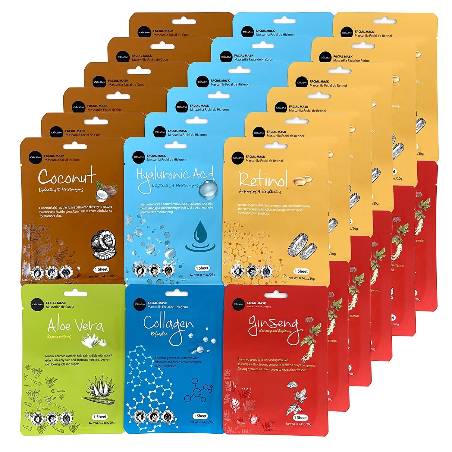 celavi Essence Facial Face Mask Paper Sheet Korea Skin Care Moisturizing 12 Pack (Mix - 2 of Each)