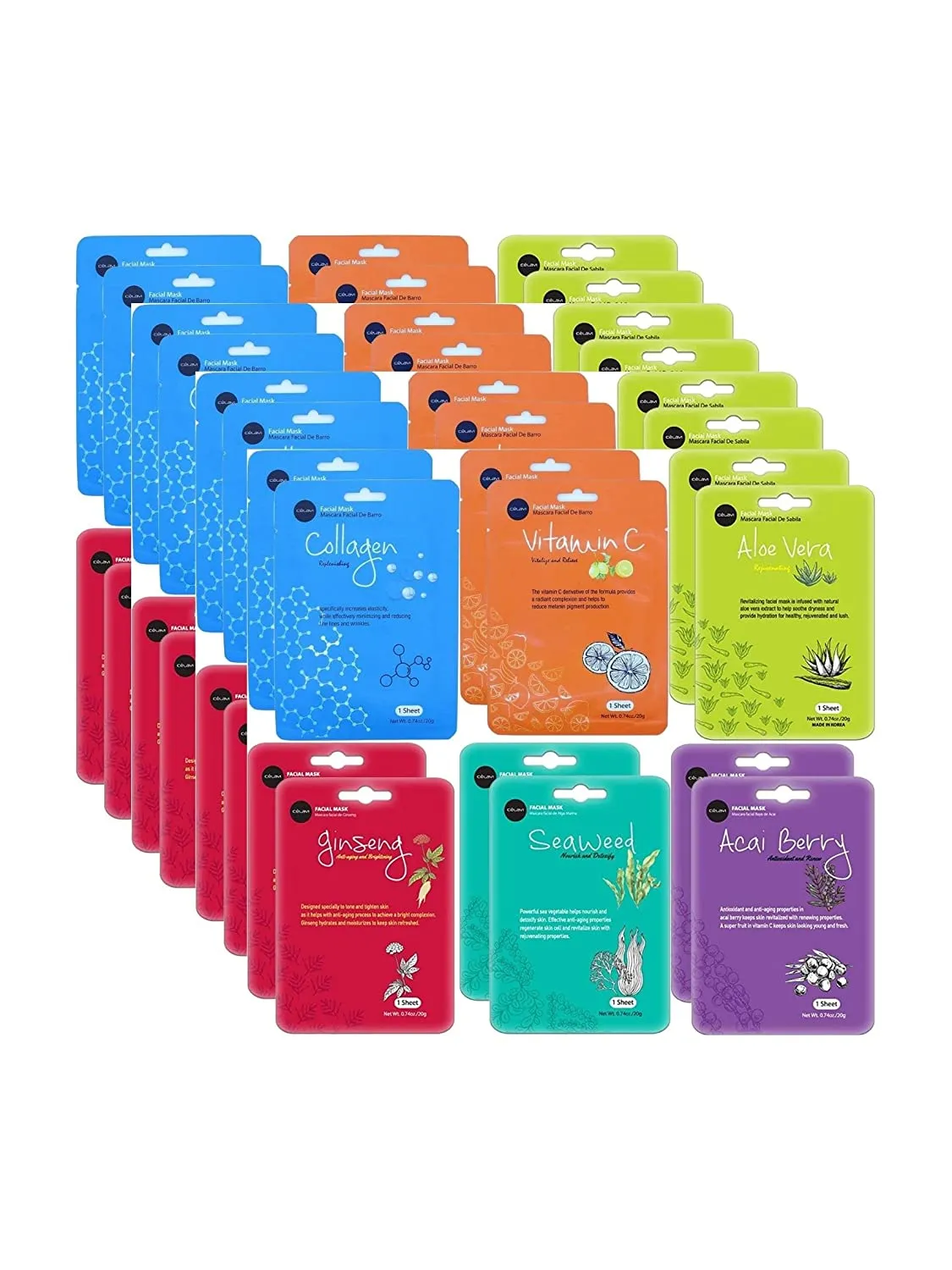 celavi Essence Facial Face Mask Paper Sheet Korea Skin Care Moisturizing 12 Pack (Mix - 2 of Each)