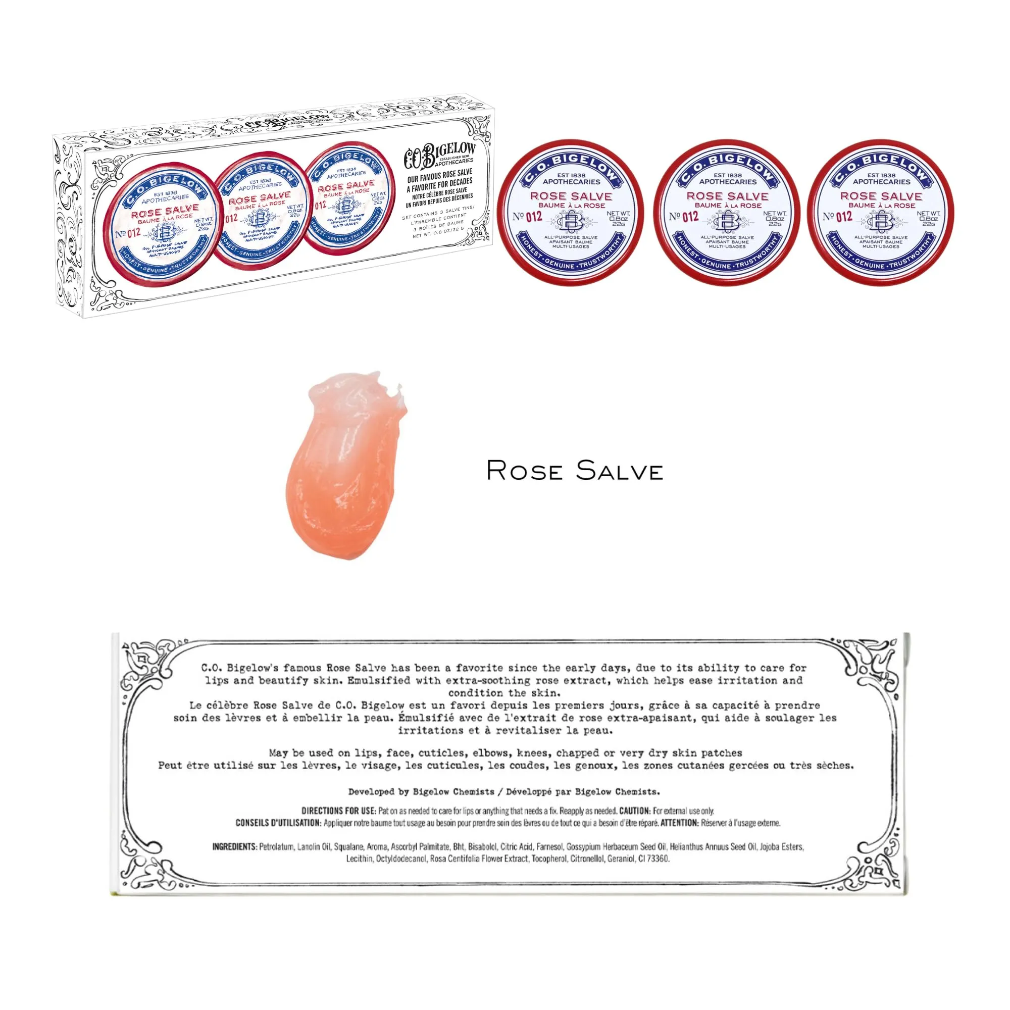 C.O. Bigelow All Purpose Salve Lip Balm Tins, Rose Salve Pack of 3 for Chapped Lips & Dry Skin - Moisturizing Lip, Cuticle 0.8 oz each