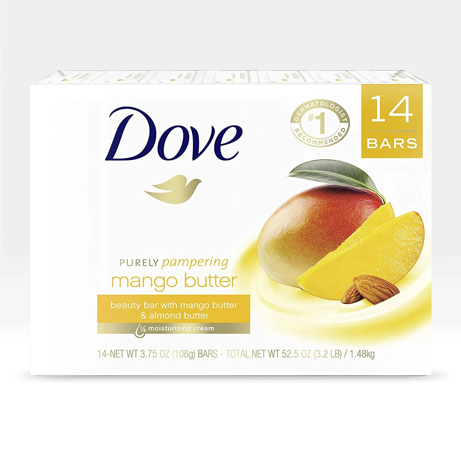 Dove Beauty Bar More Moisturizing Than Bar Soap for Softer Skin, Fragrance-Free, Hypoallergenic Beauty Bar Sensitive Skin With Gentle Cleanser 3.75 oz, 14 Bars
