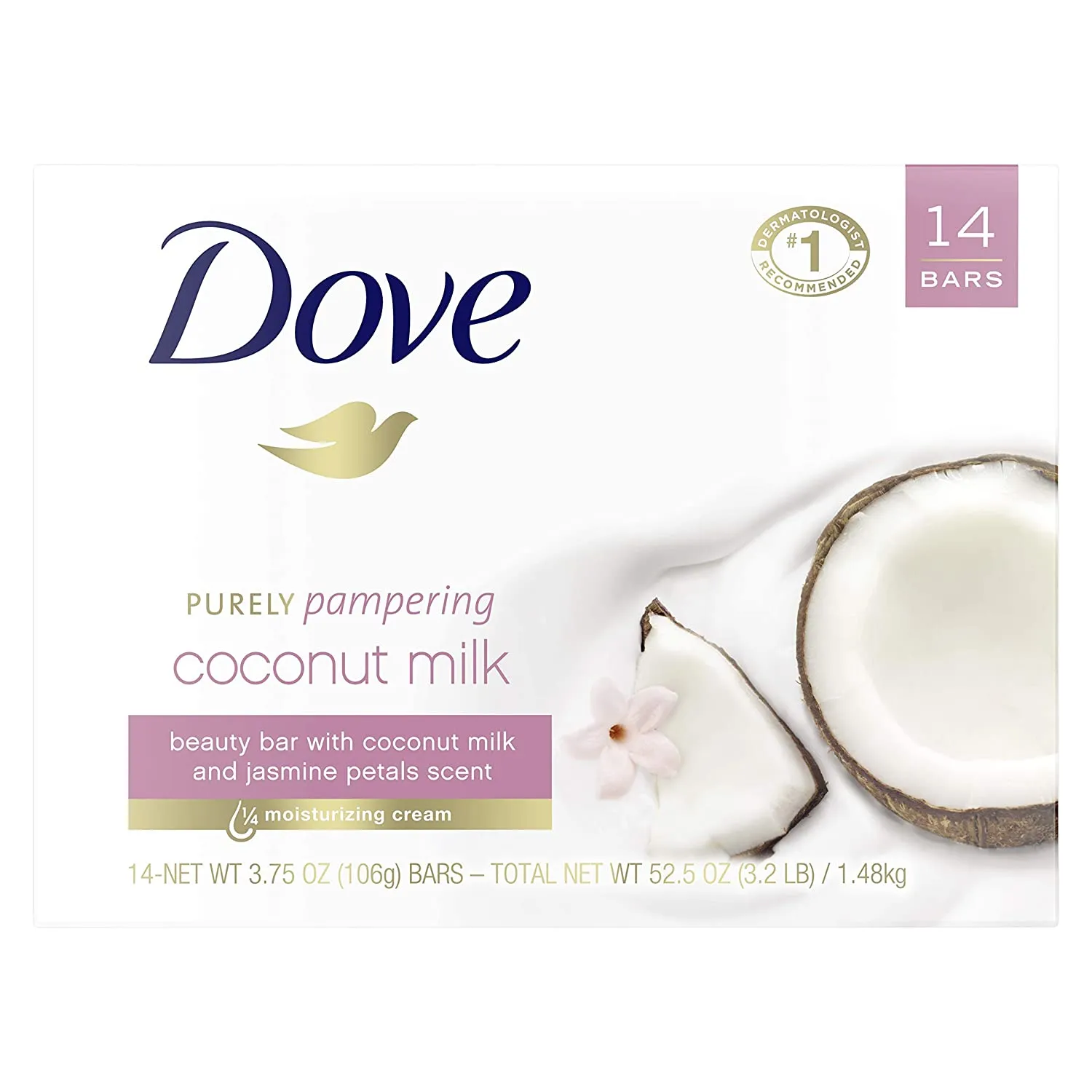 Dove Beauty Bar More Moisturizing Than Bar Soap for Softer Skin, Fragrance-Free, Hypoallergenic Beauty Bar Sensitive Skin With Gentle Cleanser 3.75 oz, 14 Bars