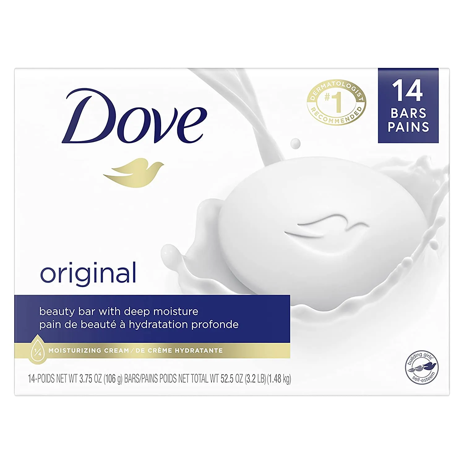 Dove Beauty Bar More Moisturizing Than Bar Soap for Softer Skin, Fragrance-Free, Hypoallergenic Beauty Bar Sensitive Skin With Gentle Cleanser 3.75 oz, 14 Bars