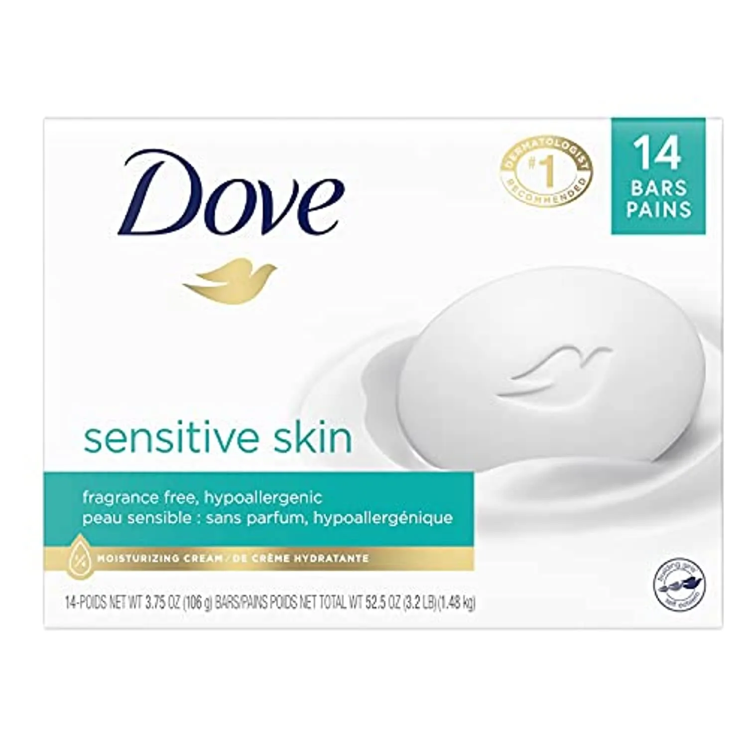Dove Beauty Bar More Moisturizing Than Bar Soap for Softer Skin, Fragrance-Free, Hypoallergenic Beauty Bar Sensitive Skin With Gentle Cleanser 3.75 oz, 14 Bars