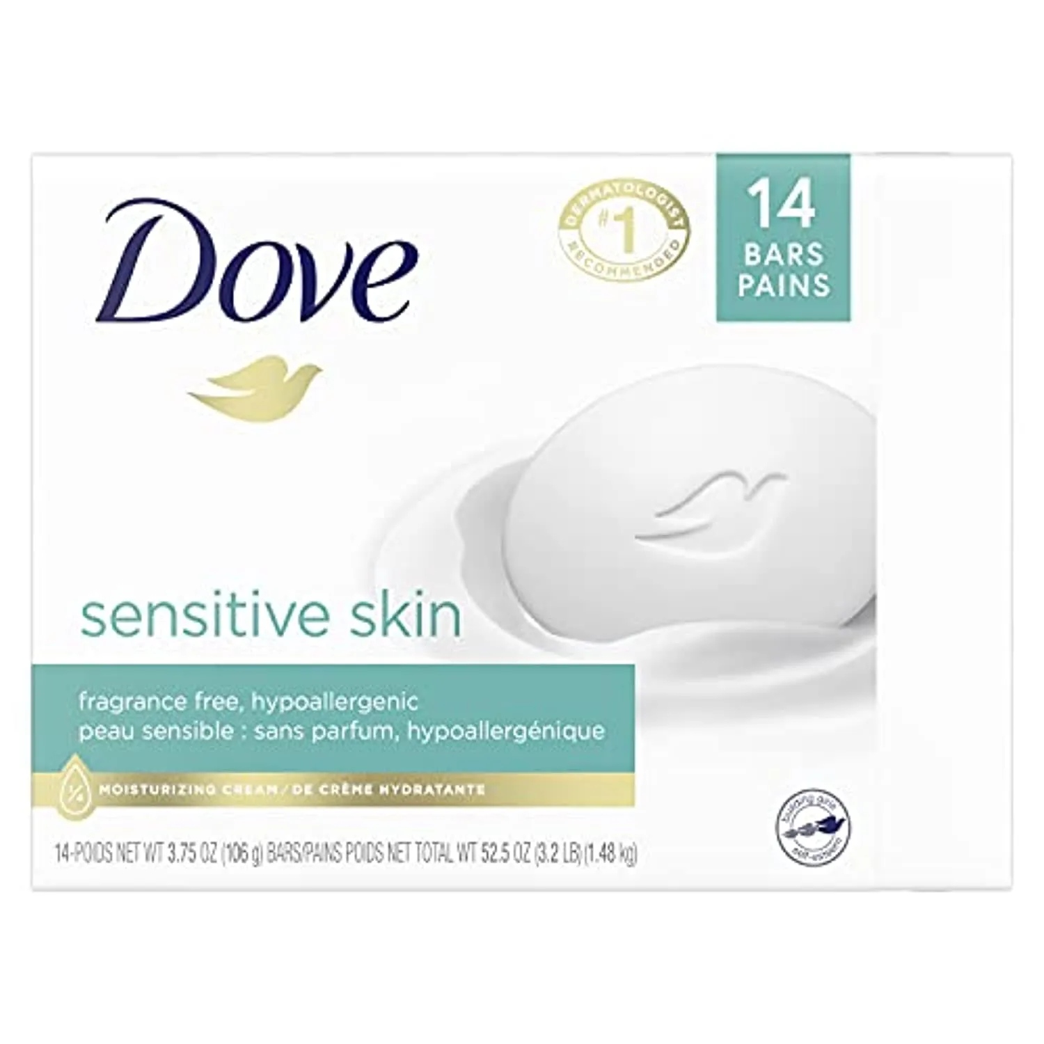 Dove Beauty Bar More Moisturizing Than Bar Soap for Softer Skin, Fragrance-Free, Hypoallergenic Beauty Bar Sensitive Skin With Gentle Cleanser 3.75 oz, 14 Bars